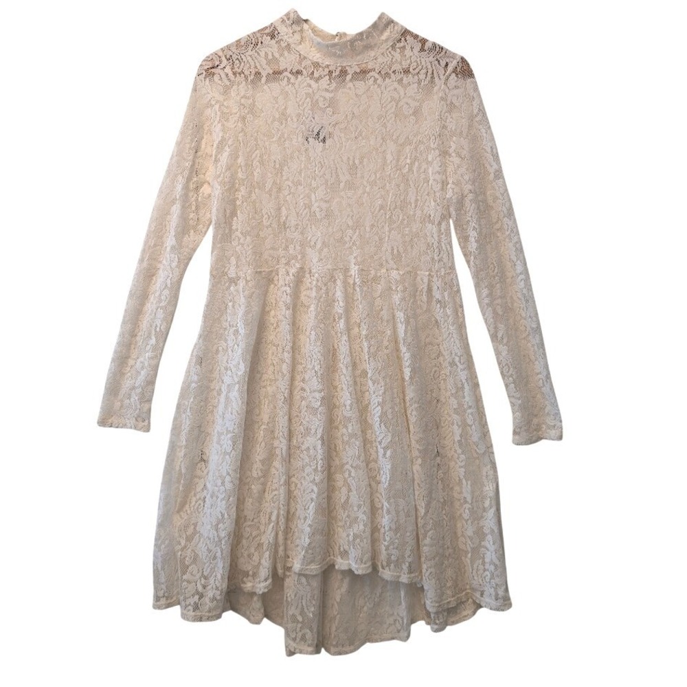 Free People Ivory Floral Lace Mock Neck Long Sleeve‎ High-Low Mini Dress Large